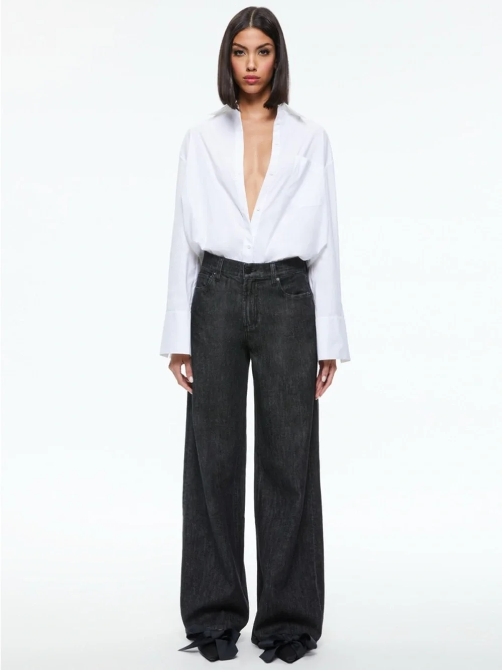 Alice + Olivia Trish Low Rise Baggy Wide Leg Jeans 32 Black Dark Denim Slouchy - Picture 2 of 12